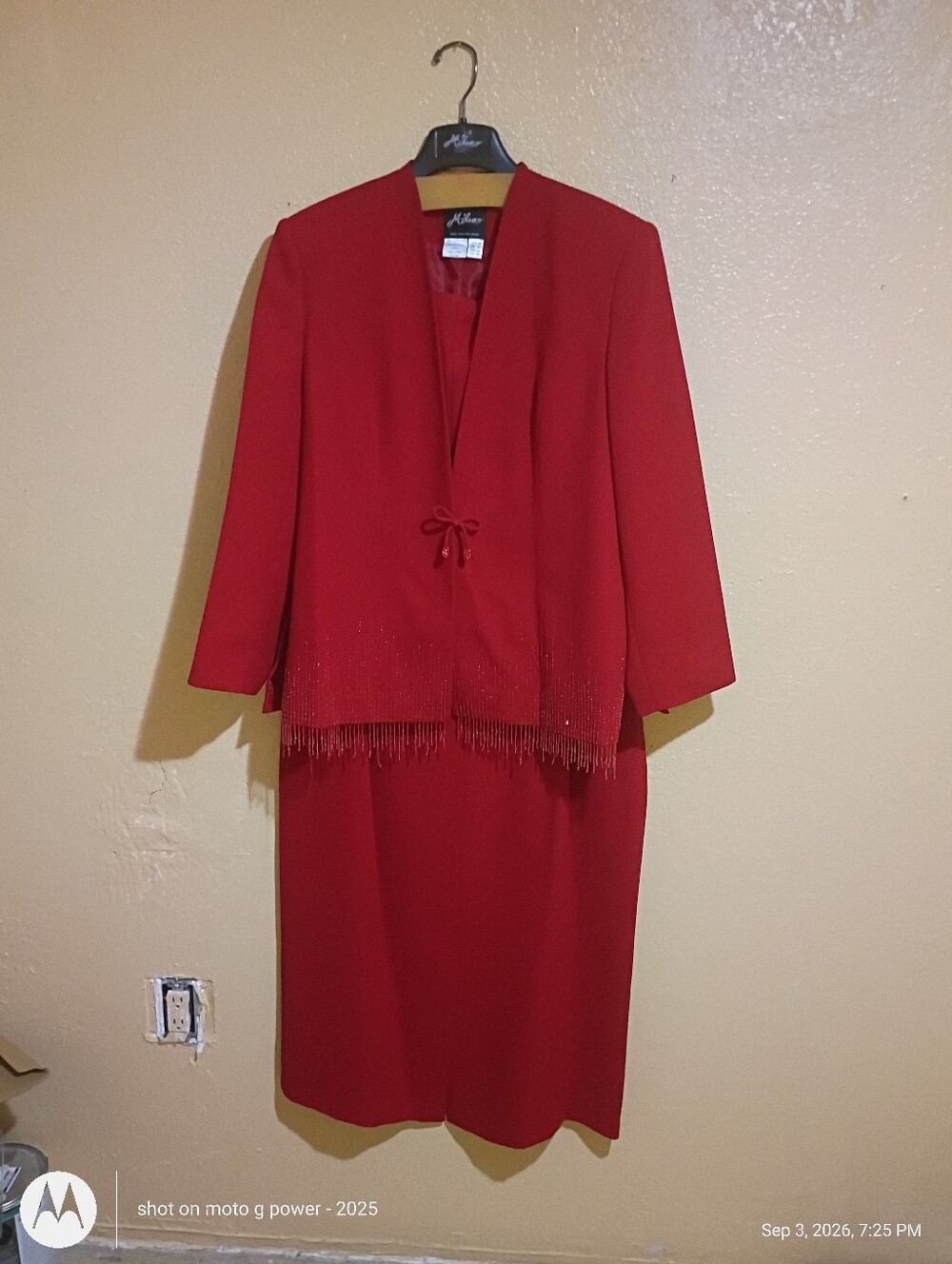 Elegant Red Women's Skirt Suit with Beaded Trim